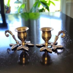 Vintage Brass Candlesticks/Candle Holders with Elegant Leaf Design- pair